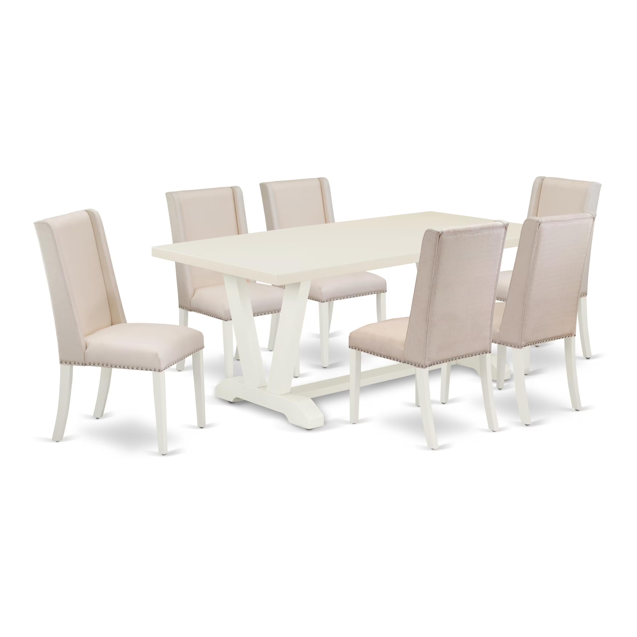 East West Furniture V027Fl201-7 7 Piece Dining Table Set Consist Of A Rectangle Kitchen Table With V-Legs And 6 Cream Linen Fabric Parson Dining Room Chairs, 40X72 Inch, Multi-Color